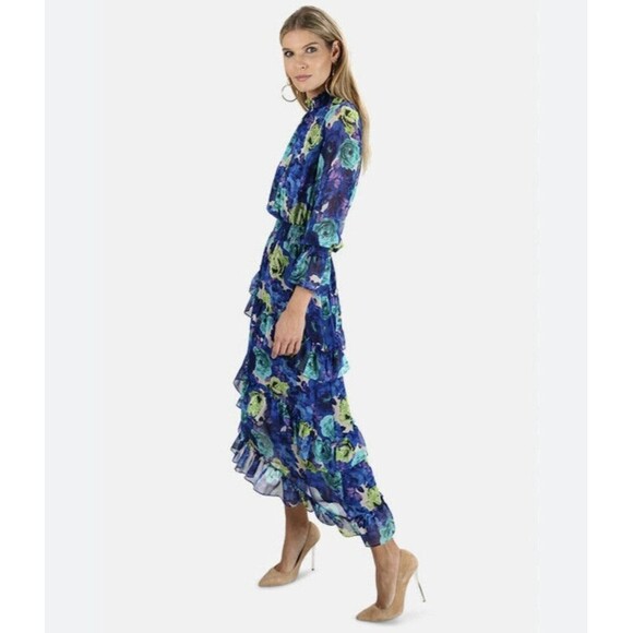 MISA Los Angeles Rania Chiffon Smock Neck Asymmetrical Midi Dress Blue Floral M - Picture 4 of 12